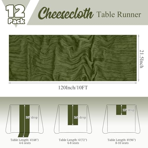 12 Pack Olive Green Table Runner 10Ft Cheesecloth Table Runner Rustic Gauze Table Runners Romantic Long Sheer Fabric Cheese Cloth Table Runners for Wedding Party Bridal Baby Shower - Image 2