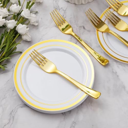 Goodluck 120Pcs 7" Round Gold Dessert Plastic Plates Set - Image 2