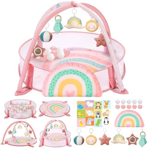 7-in-1 XL Large Baby Play Gym Mat, Tummy Time Mat, Baby Gym & Ball Pit, Baby Activity Mat with Milestone Cards & 6 Detachable Toys for Sensory Motor Skill, Rainbow by Unknown