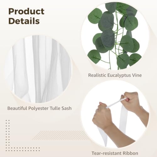 24 Sets Wedding Pew Decorations with White Long Tulle Tails Chair Sashes 8.2 ft, 24 Artificial Eucalyptus Vine 6.9 ft, 2 Rolls White Ribbon 72.2 ft for Wedding Aisle, Ceremony Party Supplies - Image 4