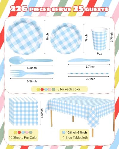 226-Piece Gingham Party Supplies, Checkered Paper Plates Set with Cutlery Napkins Cups Straws & BlueTablecloth — 5Color Disposable Tableware for 25 Guests, WeddingPicnic Birthday Baby Shower - Image 5