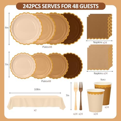 Brown Plates and Napkins Party Supplies for 48 Guests, Disposable 7&9’’ Gradient Brown Scalloped Paper Plates Tableware Set for Birthday Party, Wedding, Baby Shower Decorations - Image 2