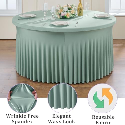 6 Pack Sage Green Spandex Round Tablecloths for 72 inch Table, Wrinkle Free Stretchy 132inch Fitted 6ft Round Table Cover Cloths with Skirt for Wedding Party Dining Banquet - Image 3
