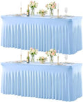 Baby Blue Table Cloth for 8 Foot Rectangle Tables Fitted Stretch Spandex Table Cover with Skirt 8ft Baby Shower Birthday Party Banquet Ruffle Tablecloth Wedding Table Cloths Desk Skirt, 2 Pack by LittleFunny