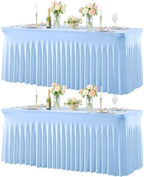 Baby Blue Table Cloth for 8 Foot Rectangle Tables Fitted Stretch Spandex Table Cover with Skirt 8ft Baby Shower Birthday Party Banquet Ruffle Tablecloth Wedding Table Cloths Desk Skirt, 2 Pack by LittleFunny