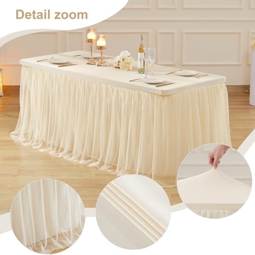 Champagne Tablecloth 6 Foot Rectangle, Tulle Table Skirt for Rectangle Tables 6ft Fitted Desk Skirt Banquet Birthday Party Wedding Champagne Table Cloths Cover - Image 4