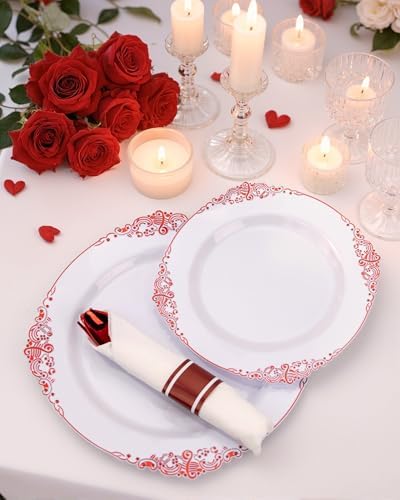 Nervure 175Pcs Red Plastic Plates, Red Plastic Dinnerware Set for 25 Guests - Image 6