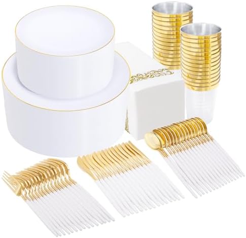 Supernal 350PCS White and Gold Plastic Dinnerware Set for Bridal Showers by supernal