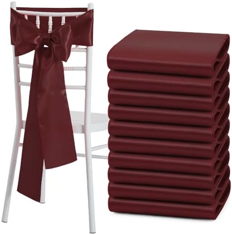 Burgundy Satin Chair Sashes Bows, 6 x 108 inch, 50 Pcs by Counfeisly