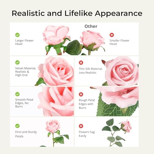 Auihiay 60PCS Pink Roses, Artificial Roses, Fake Roses, Velvet Silk - Image 4