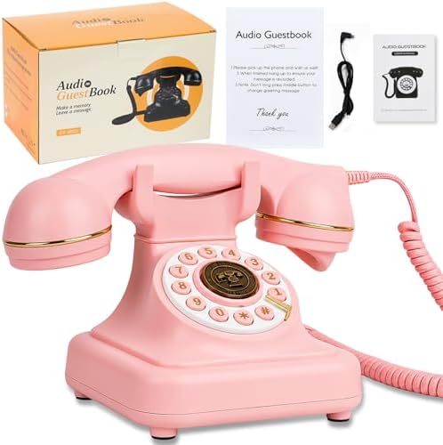 Audio Guest Book Wedding Phone, Vintage Voice Message Recorder Telephone with Premium Gift Box for Special Events,Bridal Shower,Birthday Party,Baby Shower,Anniversary (Pink) by ROOMEDAL