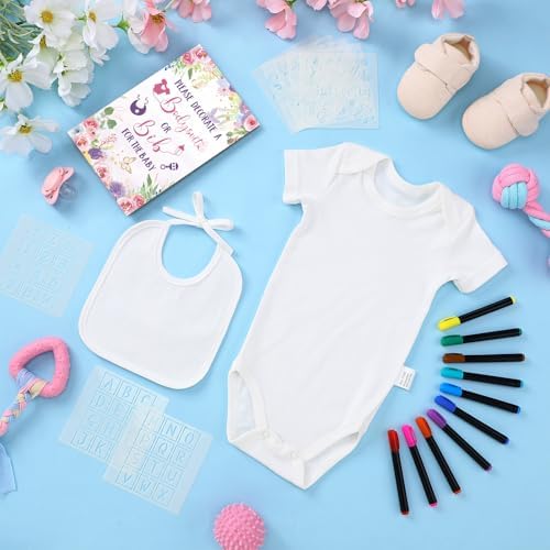 Chuarry 43 Pcs DIY Bibs Decorating Kit 8 Bodysuits 8 Pcs 2 Ply White Bibs 10 Fabric Markers 16 Stencils Baby Shower Sign(Flower) - Image 4