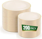 bUCLA 200PCS Ivory Plastic Plates with Gold Rim - Heavy Duty Cream Disposable Include 100 Dinner 10 inch & 100 Dessert 7 inch Plates, Ideal for Party & Wedding by BUCLA