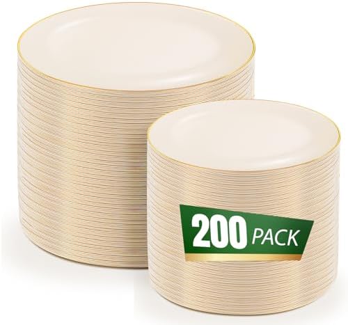 bUCLA 200PCS Ivory Plastic Plates with Gold Rim - Heavy Duty Cream Disposable Include 100 Dinner 10 inch & 100 Dessert 7 inch Plates, Ideal for Party & Wedding by BUCLA