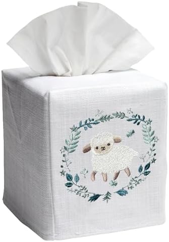 Jacaranda Living Square Tissue Box Cover, Linen/Cotton Fabric Tissue Holder, Decorative Cloth Tissue Cube Cover Animal Designs, Lamb & Wreath by JacarandaLiving