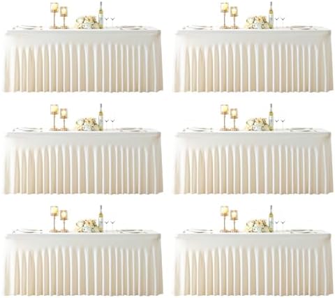 6 Pack Ivory Spandex Tablecloths for Rectangle Tables 8 Foot Ivory Stretch Table Cloth Rectangle 8ft Elastic Fitted Table Cover with Skirt for Wedding Birthday Party Banquet Baby Shower Buffet Event by Suppromo
