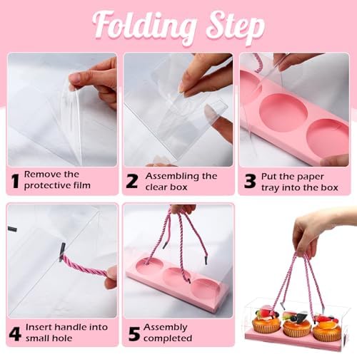 Thenshop 40 Pcs Clear Cupcake Boxes 9x3x3 in 3 Compartment Holder,Pink - Image 3