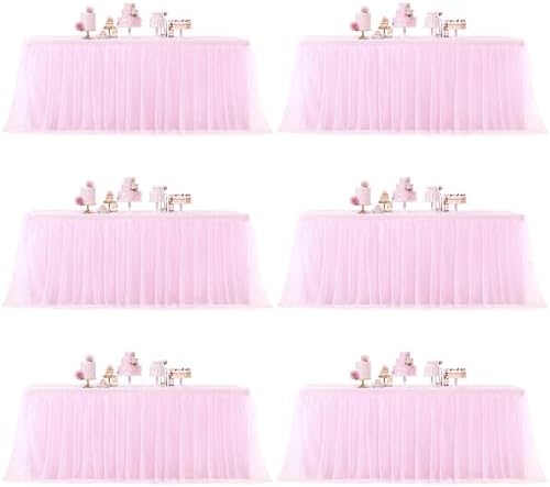Pink Table Cloths for Parties Light Pink Tulle Tablecloth Rectangle, Pink Tulle Table Skirt Rectangle Table 6ft Fitted Table Covers Stretch Elastic Banquet Party Baby Shower Wedding Table Cloth 6 Foot by HBBMAGIC