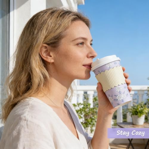 50 Pack 16oz Vintage Purple Floral Disposable Coffee Cups with Lids & Sleeves – Premium Paper for Mother's Day, Wedding, Birthday, Brunch, Cafés,Party Supplies - Image 4