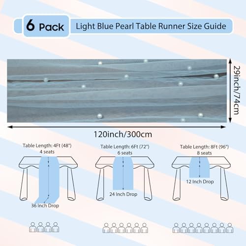 Set Of 6 Pearl Table Runner 10ft, 29 X 120 Inch Light Blue Tulle Table Cover, Pearl Sheer Table Runner For Wedding Party Baby Shower Birthday Home Decor - Image 2