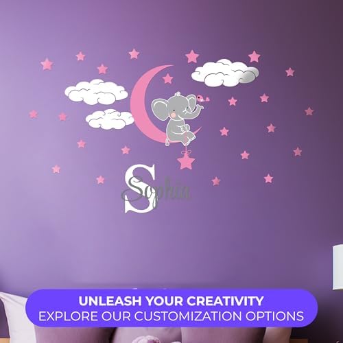 Custom Name & Initial Elephant Stars and Clouds - Prime Series - Baby Girl - Nursery Wall Decal for Baby Room Decorations - Mural Wall Decal Sticker for Home Children's Bedroom (Wide 44"x24" Height) - Image 4