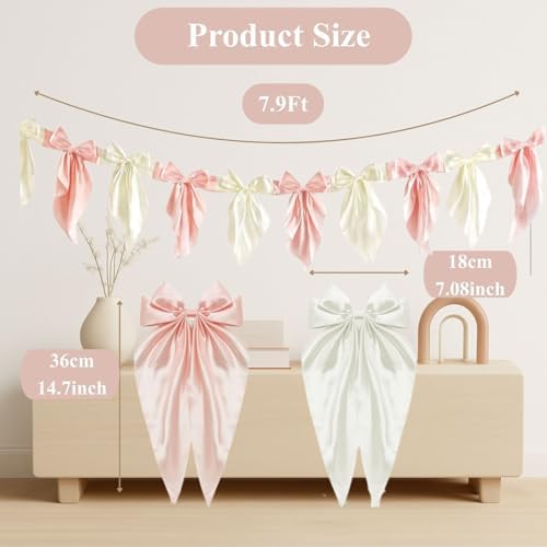 2pcs White Pink Bow Garland Banner 82.7 inch, Satin Ribbon Bow Decorations for Birthday Bachelorette Engagement Wedding Party and Anniversary Decor - Image 3