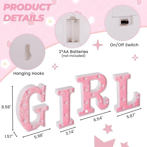 Pink Glitter GIRL Letters for Baby Shower Decorations - Girl Theme LED Light Up Letters, Battery Powered Party Centerpieces for Tables, Wall & Room Decor - Image 2