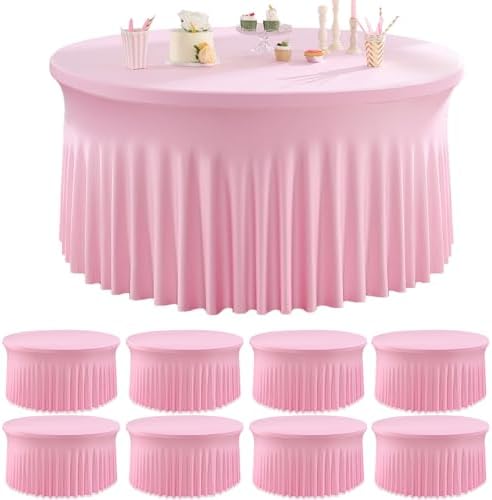 8 Pack Pink Round Spandex Tablecloths for 60inch Table, Wrinkle Free 120inch Stretchy Fitted 5FT Round Table Cloths Cover with Skirt for Wedding Birthday Party Dining Banquet Event by Htper