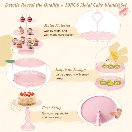 10 Pcs Pink Cake Stand Set Metal Cupcake Stands, Multiple Styles Dessert Display Tower for Candy Fruit, Cake Serving Trays for Birthday, Wedding, Anniversary, Baby Shower, Engagement Party - Image 6