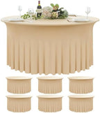 6 Pack Champagne Round Spandex Tablecloth 60 Inch, Wrinkle Free Stretch 120 Inch Fitted 5ft Champagne Table Cloths Round Table Covers with Ruffle Skirt for Party Wedding Banquet by Nobed+HHT