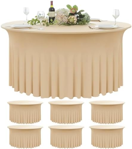 6 Pack Champagne Round Spandex Tablecloth 60 Inch, Wrinkle Free Stretch 120 Inch Fitted 5ft Champagne Table Cloths Round Table Covers with Ruffle Skirt for Party Wedding Banquet by Nobed+HHT