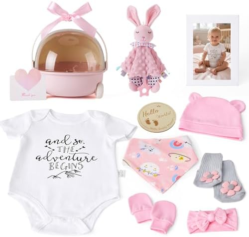 Baby Girl Gift Set - 12 Pcs Newborn Essentials with Bunny Lovey, 100% Cotton Onesie, Milestone Sign & Photo Frame - Unique Carriage Storage Box, Ready-to-Gift Baby Shower Gifts for Newborn Girls by InnerSafe