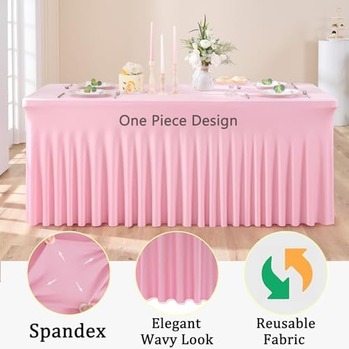2pk Spandex Table Clothes for 8 Foot Rectangle Tables, Pink Stretch Table Cloth 8ft Fitted Tablecloths Desk Skirt for Parties Weddings Birthday Banquet Baby Shower - Image 4