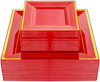 Liacere 100PCS Red and Gold Square Plastic Plates-50PCS Heavy Duty 9.5inch Disposable Dinner Plates and 50PCS 6inch Red Dessert Plate - Gold Plastic Plate for Party & Independence Day by Liacere