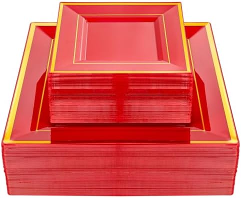 Liacere 100PCS Red and Gold Square Plastic Plates-50PCS Heavy Duty 9.5inch Disposable Dinner Plates and 50PCS 6inch Red Dessert Plate - Gold Plastic Plate for Party & Independence Day by Liacere