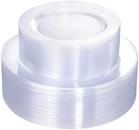 FLOWERCAT 100PCS Clear Plastic Plates - Heavy Duty Clear Disposable Plates for Fall Party/Wedding/Christmas - Include 10inch & 7inch Dinner/Dessert Plates for 50guests by FLOWERCAT
