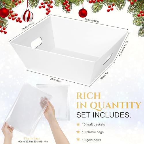 AFOROEOA 10PACK White Baskets For Gifts Empty, 10x12”Thick Kraft Gift Basket with 10 Bows 10 Bags Empty Gift Baskets for Christmas, Easter, Birthdays, Snacks, Farmers Market - Image 3