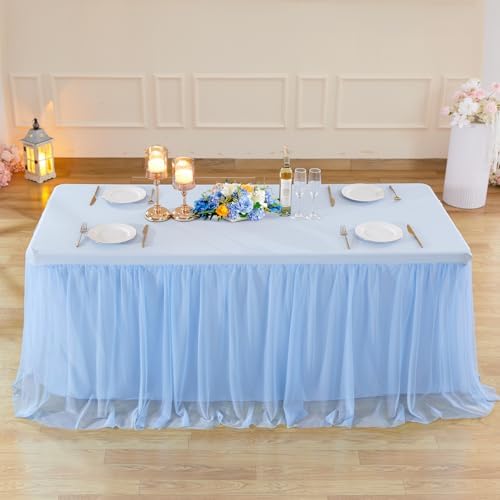 6ft Baby Blue Tulle Tablecloths for Rectangle Tables Light Blue Table Cloths Rectangle Wrinkle Free Stretch 6 Foot Table Cover with Tutu Skirt for Baby Shower Boy Birthday Party Banquet Buffet Cake - Image 3