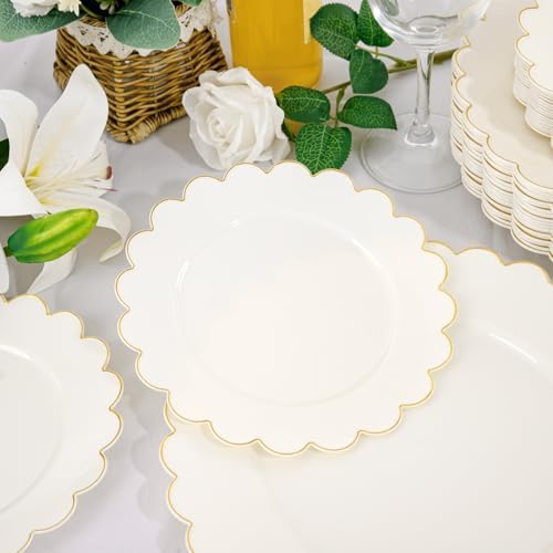 LIYH 120Pcs Ivory Scalloped Plastic Plates, Gold Rim Fancy Plates For Party - Image 6