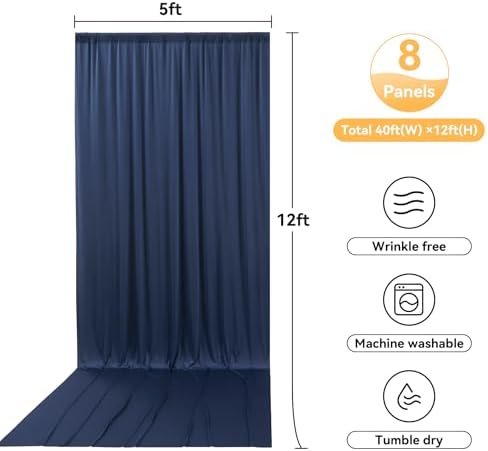 40ftx12ft Navy Blue Backdrop Curtains for Parties, Wrinkle Free 8 Panels 12 ft Long Photo Backdrop Drapes Back Drop Cloth for Wedding Birthday Photography Background Party Decor - Image 6