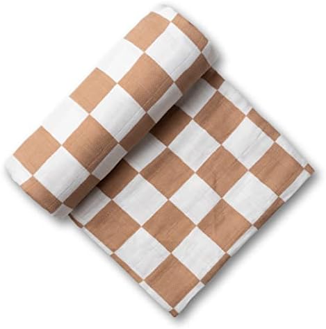 Miaoberry 100% Organic Muslin Swaddle Set| Checkered in Coffee Latte 47 * 47 with Hat,Bow and Arrival Card - Image 6