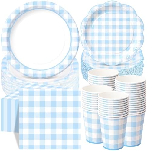 Funnymoom 250 Pcs Blue Gingham Paper Plates and Napkins Party Supplies by Funnymoom