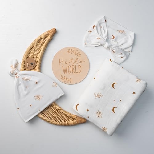 Miaoberry Organic Muslin Swaddle Blanket and Hat Set – Moon and Stars Nursery Decor – Sun & Moon Baby Hospital Receiving Outfit for Birth Announcement, Newborn Photography by MiaoberryBaby