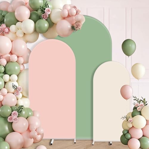 FYSUIMU 3 Pcs Pastel Arch Backdrop Covers Pink Sage Green Cream Stretchy Spandex Arch Stand Fabric Cover for Wedding Baby Bridal Shower Birthday Party Photo Booth Decoration (4ft/5ft/6ft) by FYSUIMU