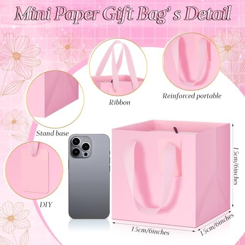 Windyun 50 Pcs Mini Paper Gift Bags with Handle 6 x 6 x 6'' Square Small Favor Bag with DIY Thank You Tag for Christmas Birthday Wedding Bridal Shower Bridesmaid Graduation Party (Pink) - Image 2