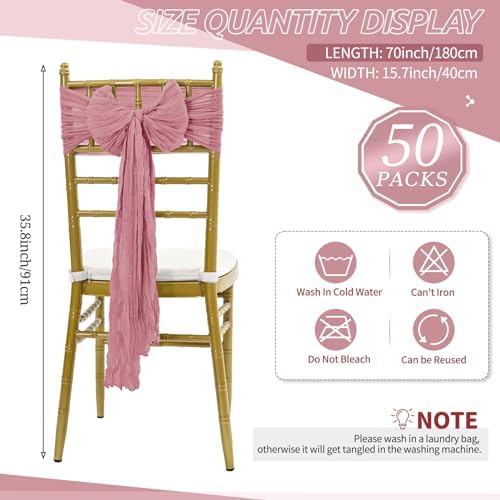 50 PCS Cheesecloth Chair Sashes Bows Wedding Aisle Decorations Chair Ribbon Ties Back Sash for Wedding Party Events Banquet Chair Cover Decoration (Dusty Rose) - Image 2
