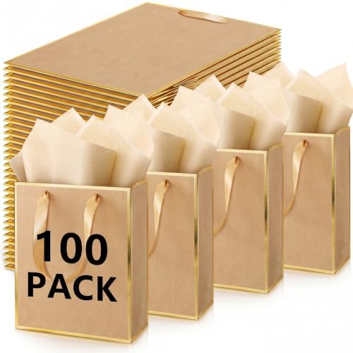 Yeaqee 100 Pcs Metallic Paepr Gift Bags Bulk with Handles,Kraft by Yeaqee