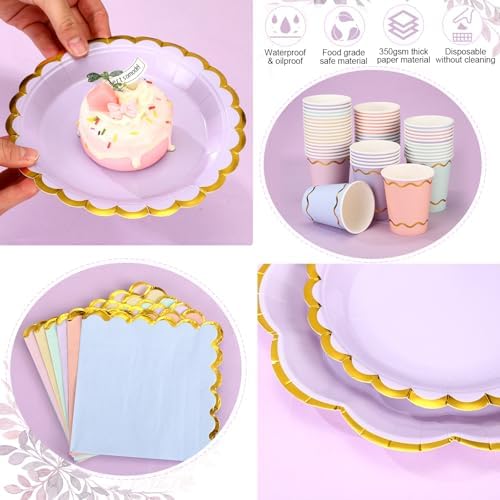 Yungyan 97 Pcs 24 Set Pastel Party Supplies, Gradient Rainbow Party Plates and Napkins Set with Tablecloth, Disposable Handle Teacups and Saucers for Birthday Wedding Bridal Shower Decorations - Image 4