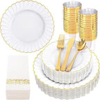YOUBET 175PCS White and Gold Scalloped Plastic Plates for Party Wedding by YOUBET