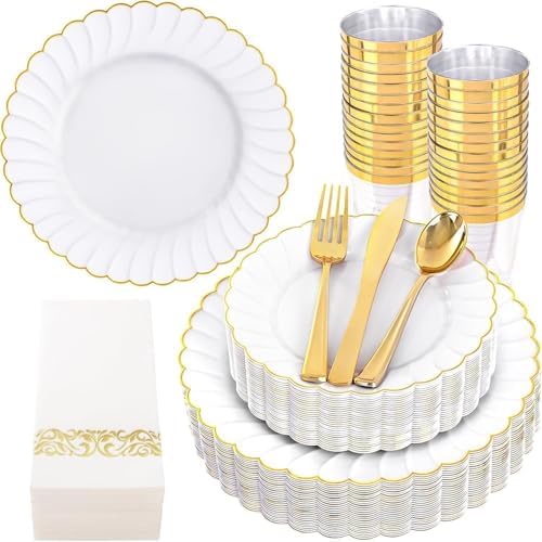 YOUBET 175PCS White and Gold Scalloped Plastic Plates for Party Wedding by YOUBET